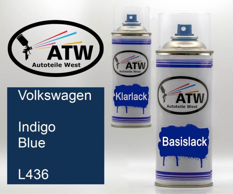 Volkswagen, Indigo Blue, L436: 400ml Sprühdose + 400ml Klarlack - Set, von ATW Autoteile West.